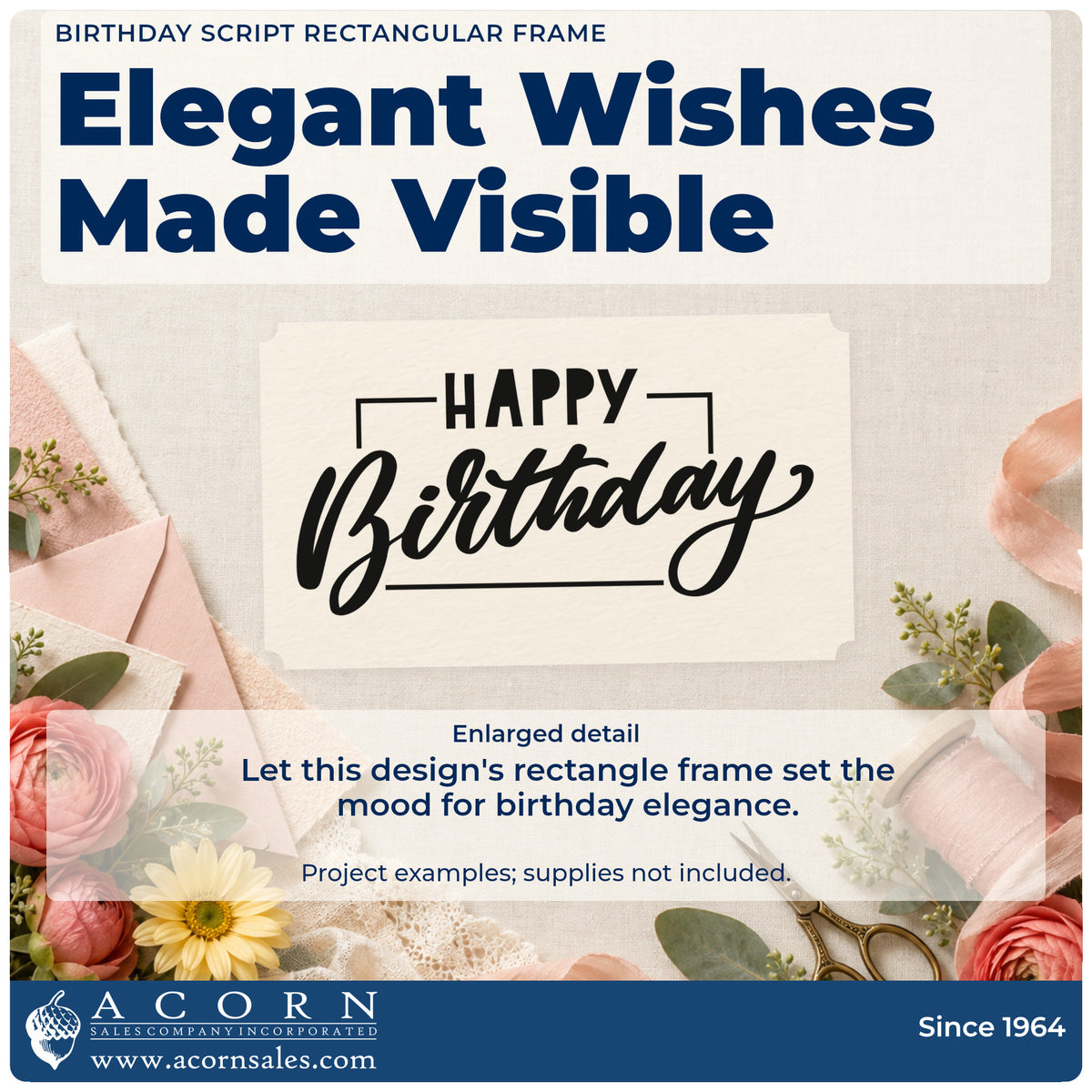 Enlarged detail of the Birthday Script Rectangular Framed Lettering PSI Pre-Inked Stamp imprint. HAPPY Birthday appears within a thin rectangular frame interrupted by the lettering.