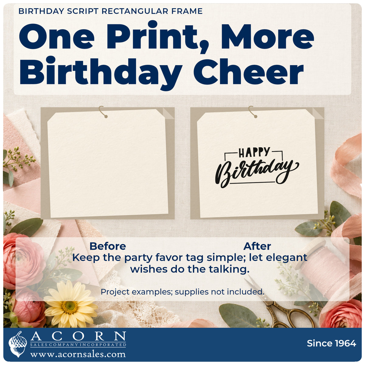 Before and after of a plain item finished with the Birthday Script Rectangular Framed Lettering PSI Pre-Inked Stamp, a quick upgrade for framed store garage.
