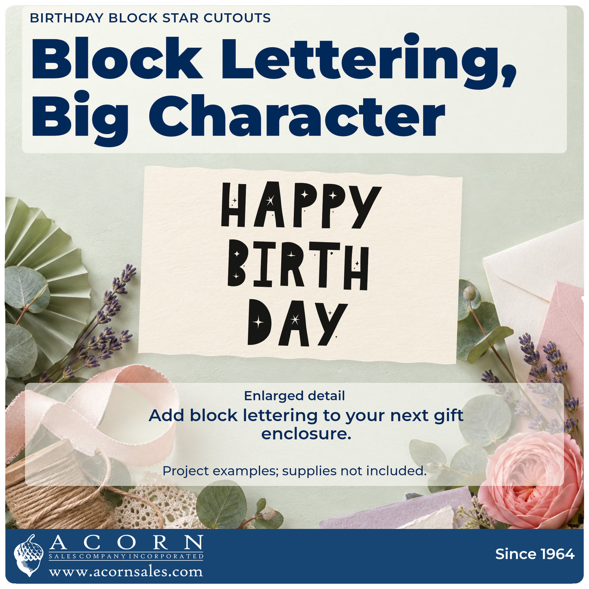 Enlarged detail of the Birthday Block Star Cutouts Lettering PSI Pre-Inked Stamp imprint. HAPPY BIRTH DAY appears in three lines of large block capitals with tiny star cutouts.