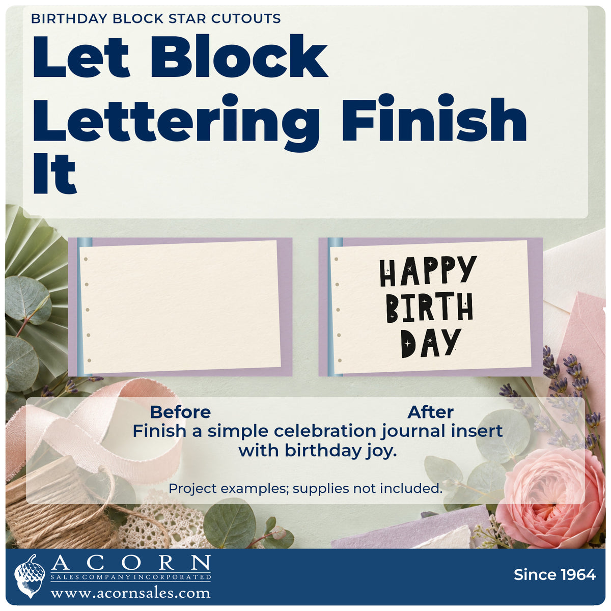 Before and after of a plain item finished with the Birthday Block Star Cutouts Lettering Stamp – Self-Inking, a quick upgrade for framed party room.