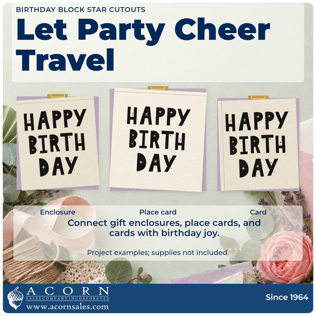 Three project examples made with the Birthday Block Star Cutouts Lettering Hand Stamp – Duo, including session slot sheet.