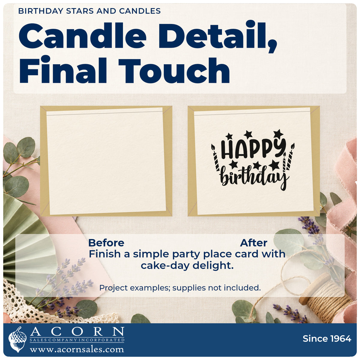 Before and after of a plain item finished with the Slim Pre-Inked Birthday Wishes With Stars And Two Candles Stamp, a quick upgrade for framed cure rack.