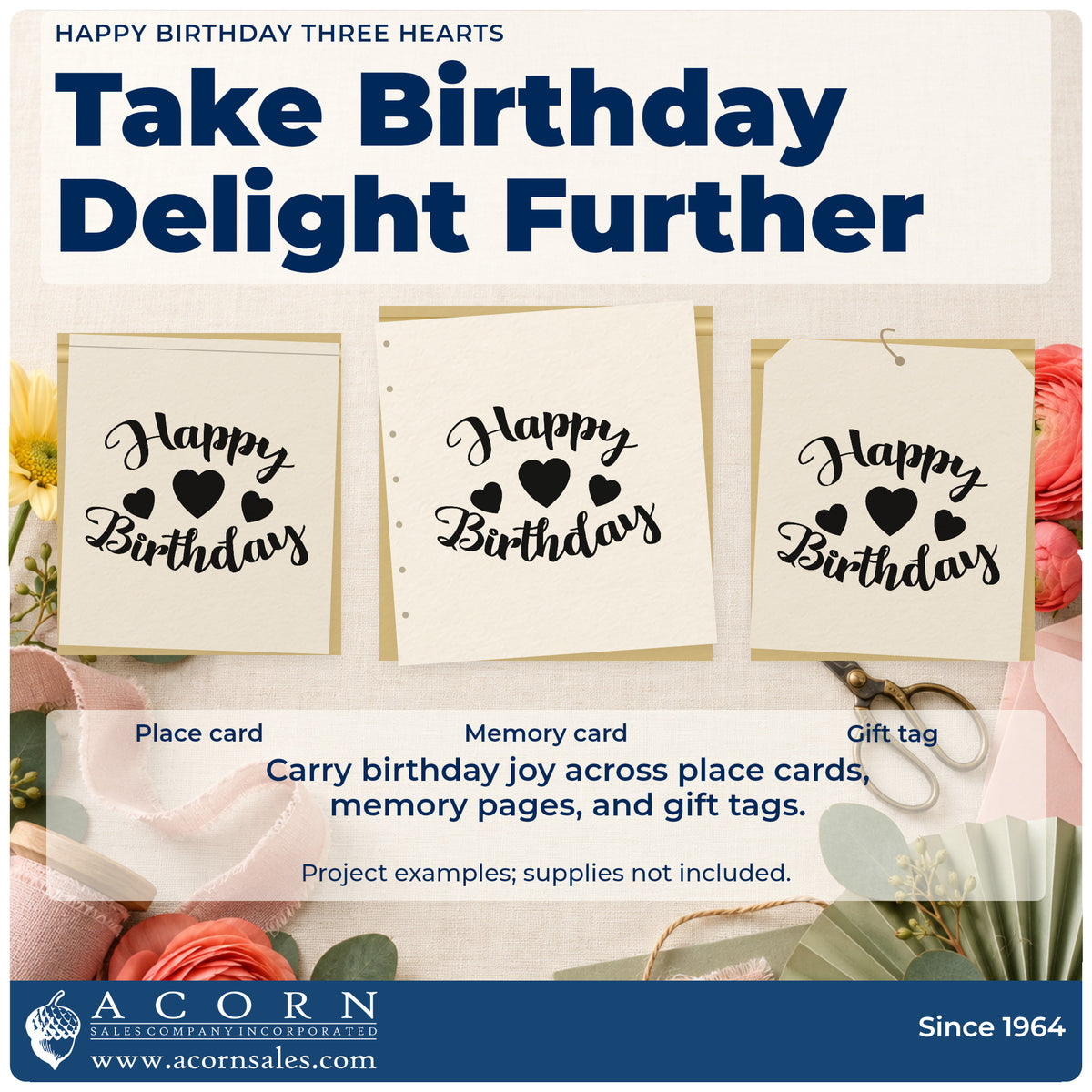 Three project examples made with the Happy Birthday Three Hearts Pre-Inked Stamp – Slim, including session plan sheet.