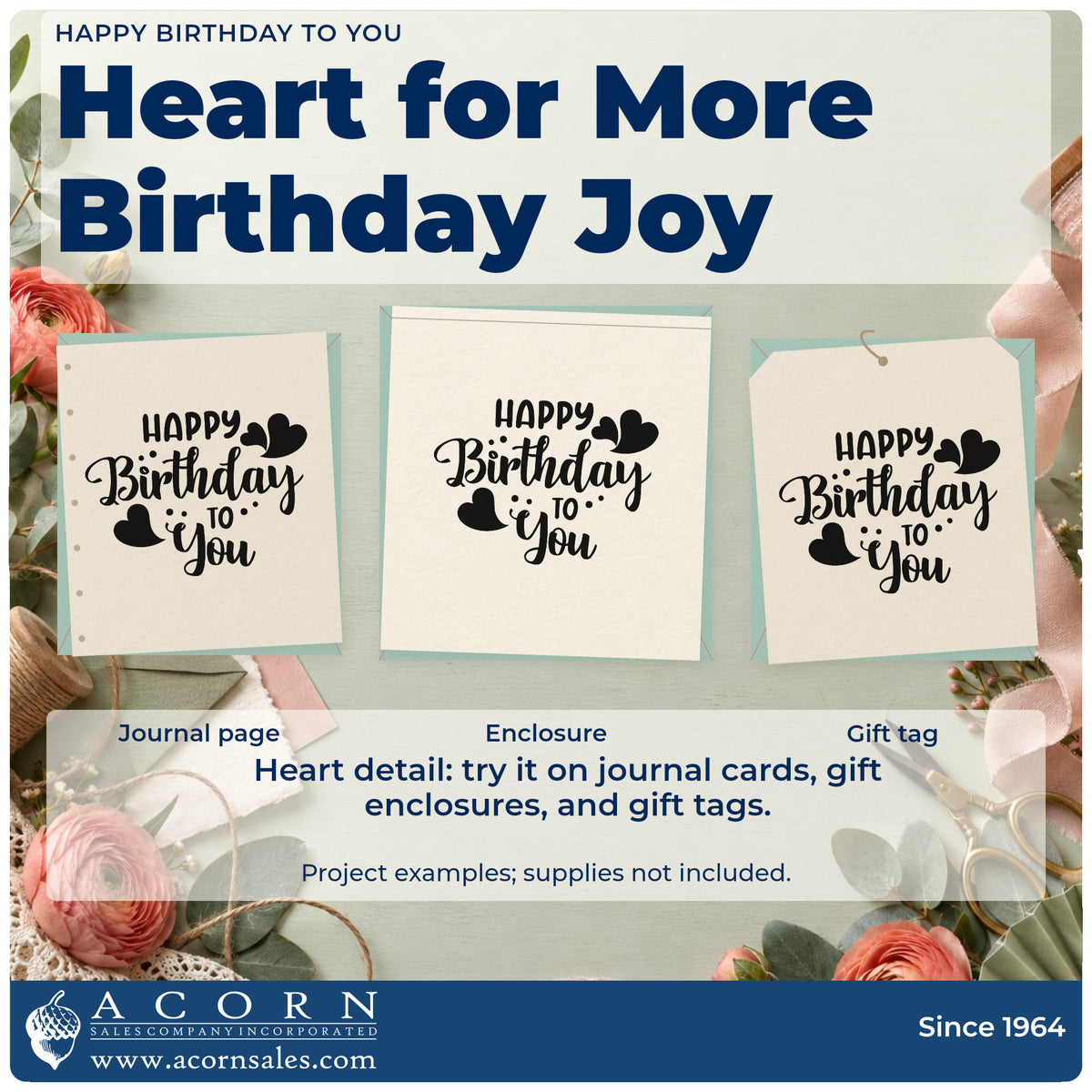 Three project examples made with the Happy Birthday To You Heart Clusters Premium Wood-Mounted Stamp – Vintage Pro, including day split sheet.