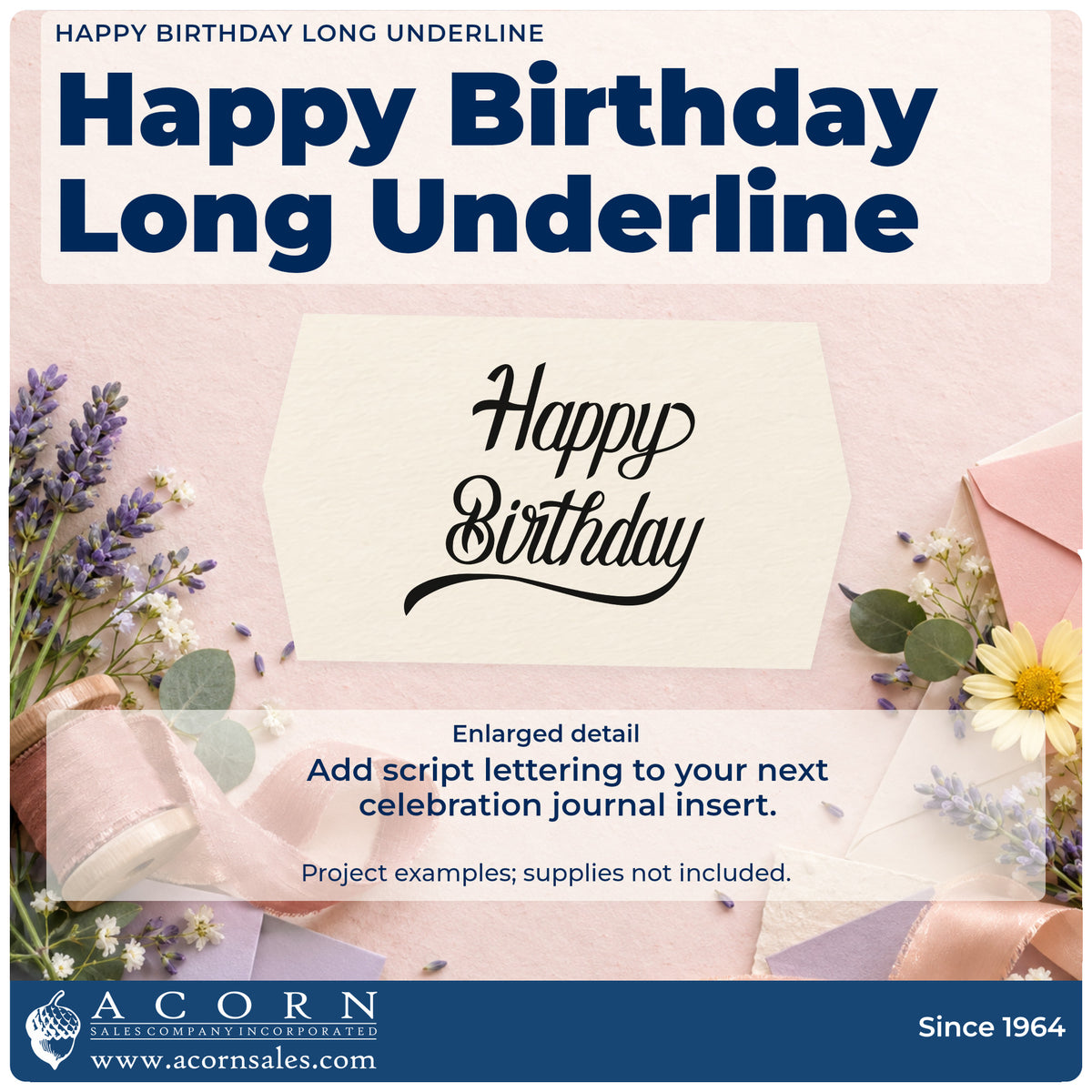 Enlarged detail of the Happy Birthday Long Underline Script Lettering Hand Stamp – Duo imprint. Happy Birthday appears in elegant thick script with a long sweeping underline.