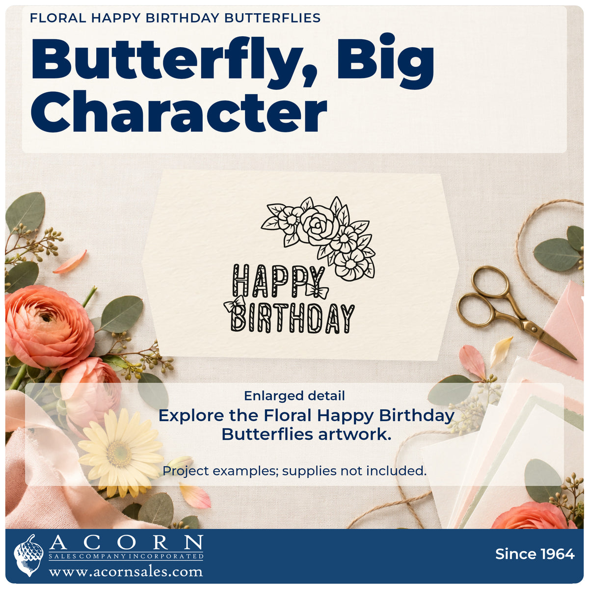 Enlarged detail of the Butterfly And Flower Birthday Greeting Self-Inking Stamp imprint. HAPPY BIRTHDAY appears in textured outlined capitals beneath a curved flower spray with small butterflies.