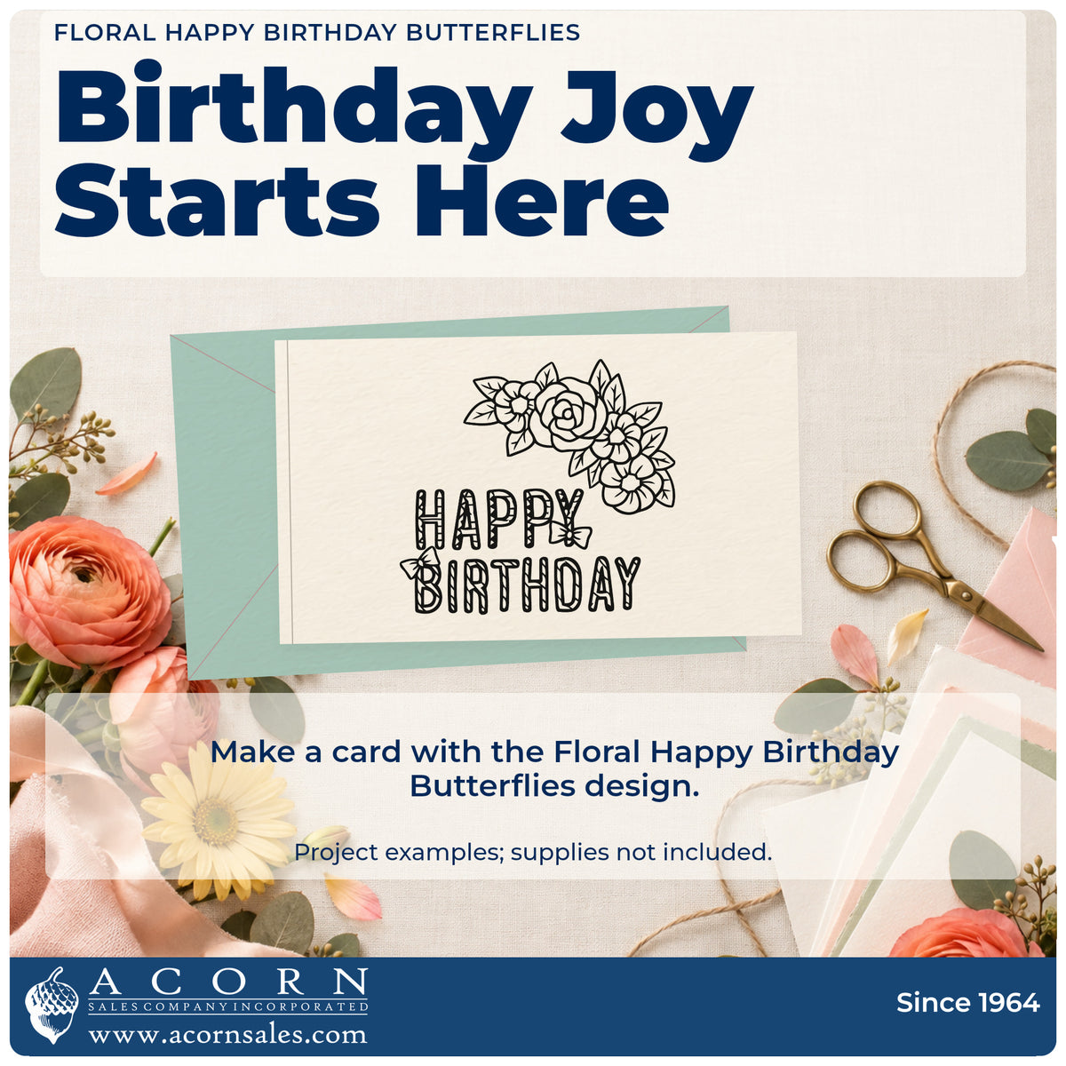 A finished handmade project stamped with the Butterfly And Flower Birthday Greeting Premium Wooden Stamp – Vintage Pro, ideal for garden day album page.