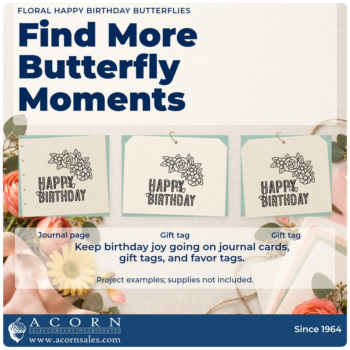 Three project examples made with the Butterfly And Flower Birthday Greeting Pre-Inked Stamp – PSI, including visit plan sheet.