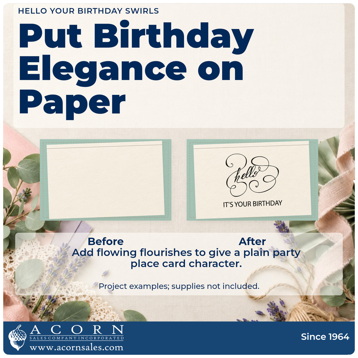 Before and after of a plain item finished with the Hello Your Birthday Swirls PSI Pre-Inked Stamp, a quick upgrade for framed on air booth.