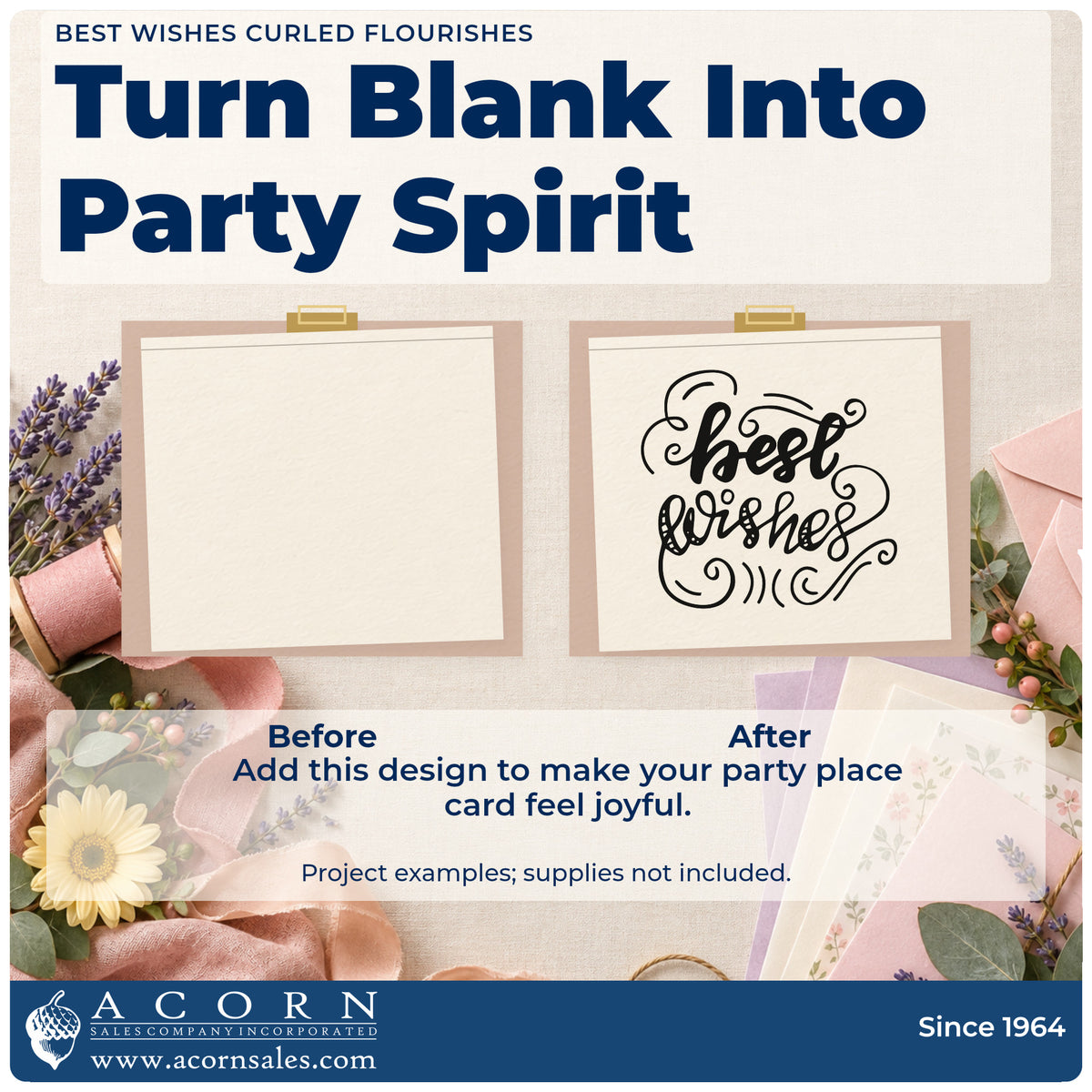 Before and after of a plain item finished with the Best Wishes Curled Flourishes Rubber Stamp – Duo Hand, a quick upgrade for framed break room.