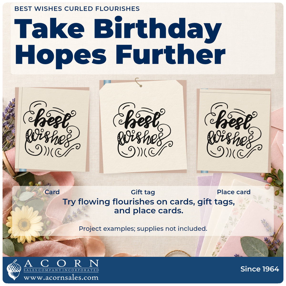Three project examples made with the Best Wishes Curled Flourishes Rubber Stamp – Duo Hand, including collection sheet.
