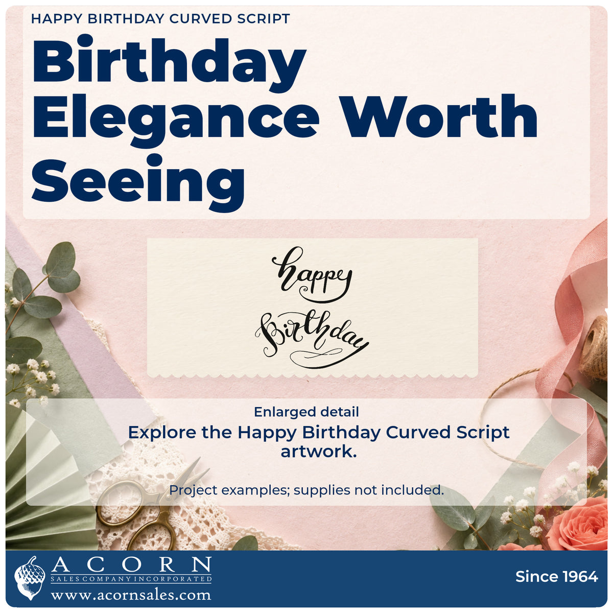 Enlarged detail of the Happy Birthday Curved Script Lettering Hand Stamp – Duo imprint. happy birthday appears in two lines of graceful script with curved flourishes and an arched lower word.