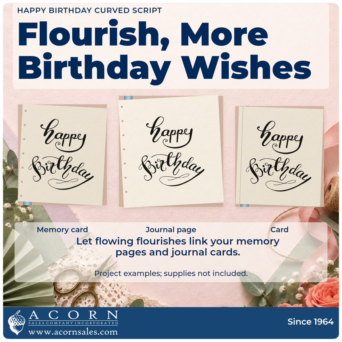 Three project examples made with the Happy Birthday Curved Script Lettering Pre-Inked Stamp – Slim, including signing plan sheet.