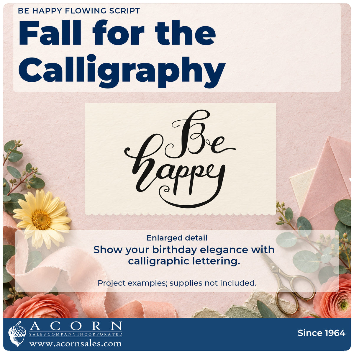Enlarged detail of the Be Happy Flowing Script Pre-Inked Stamp – PSI imprint. Be happy appears in flowing calligraphy with long sweeping curves.
