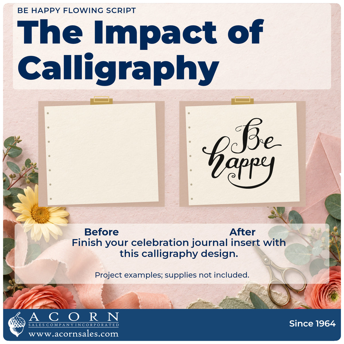 Before and after of a plain item finished with the Self-Inking Be Happy Flowing Script Stamp, a quick upgrade for framed bath shelf.
