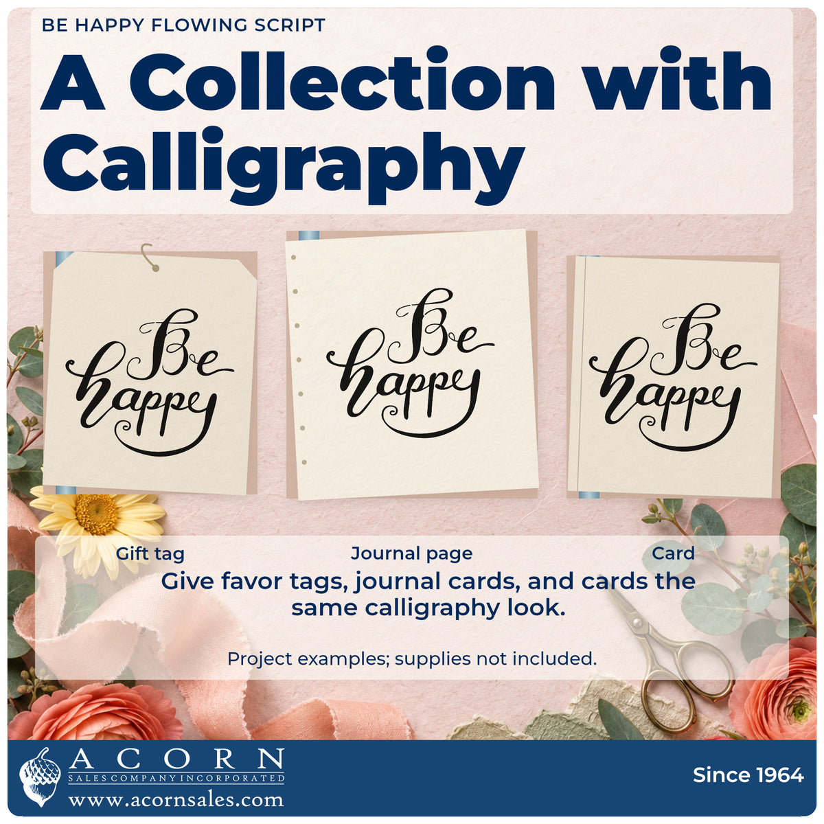 Three project examples made with the Be Happy Flowing Script Stamp – Duo Hand, including nothing plan sheet.