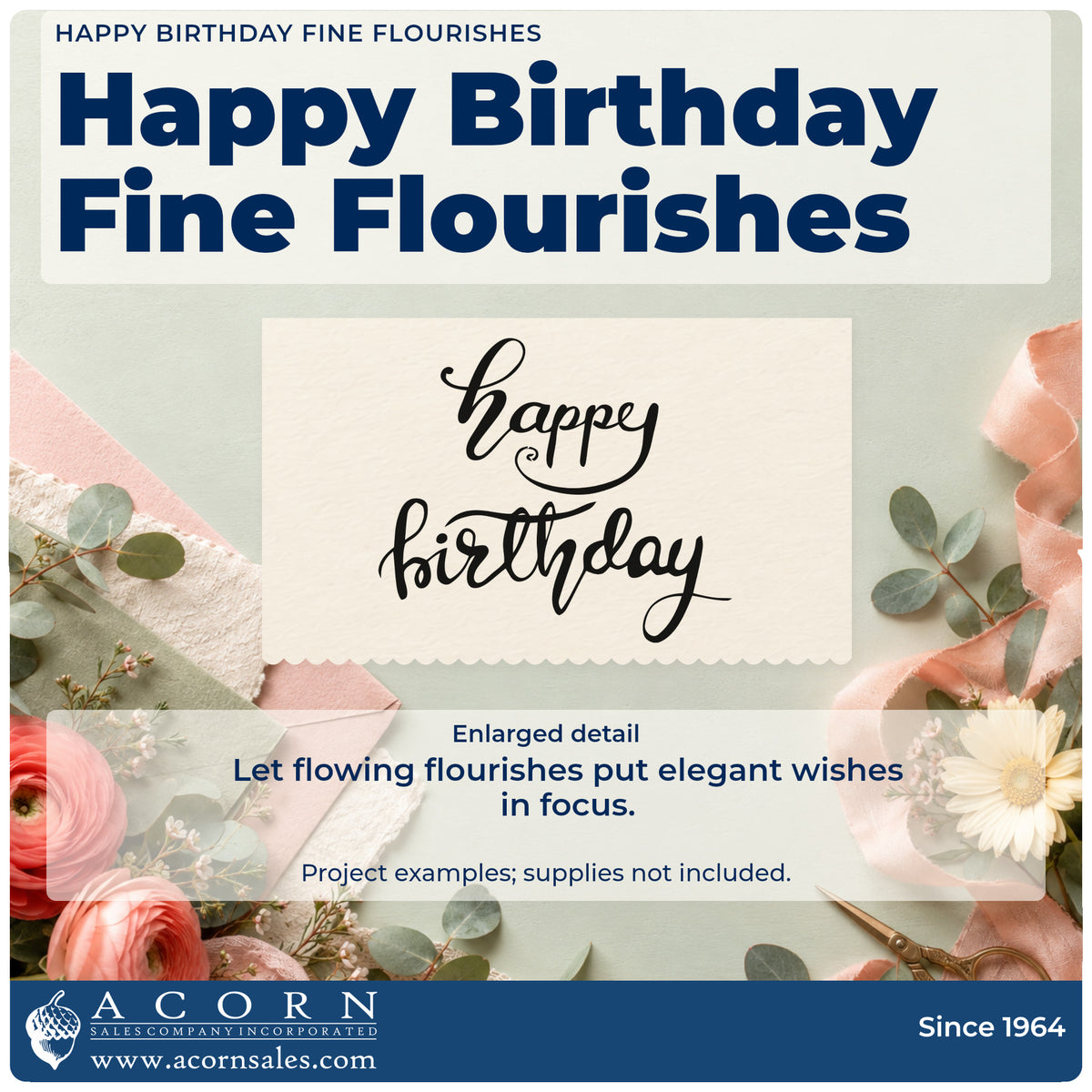 Enlarged detail of the Happy Birthday Script Lettering Pre-Inked Stamp – Slim imprint. happy birthday appears in two lines of flowing script with delicate looping flourishes.