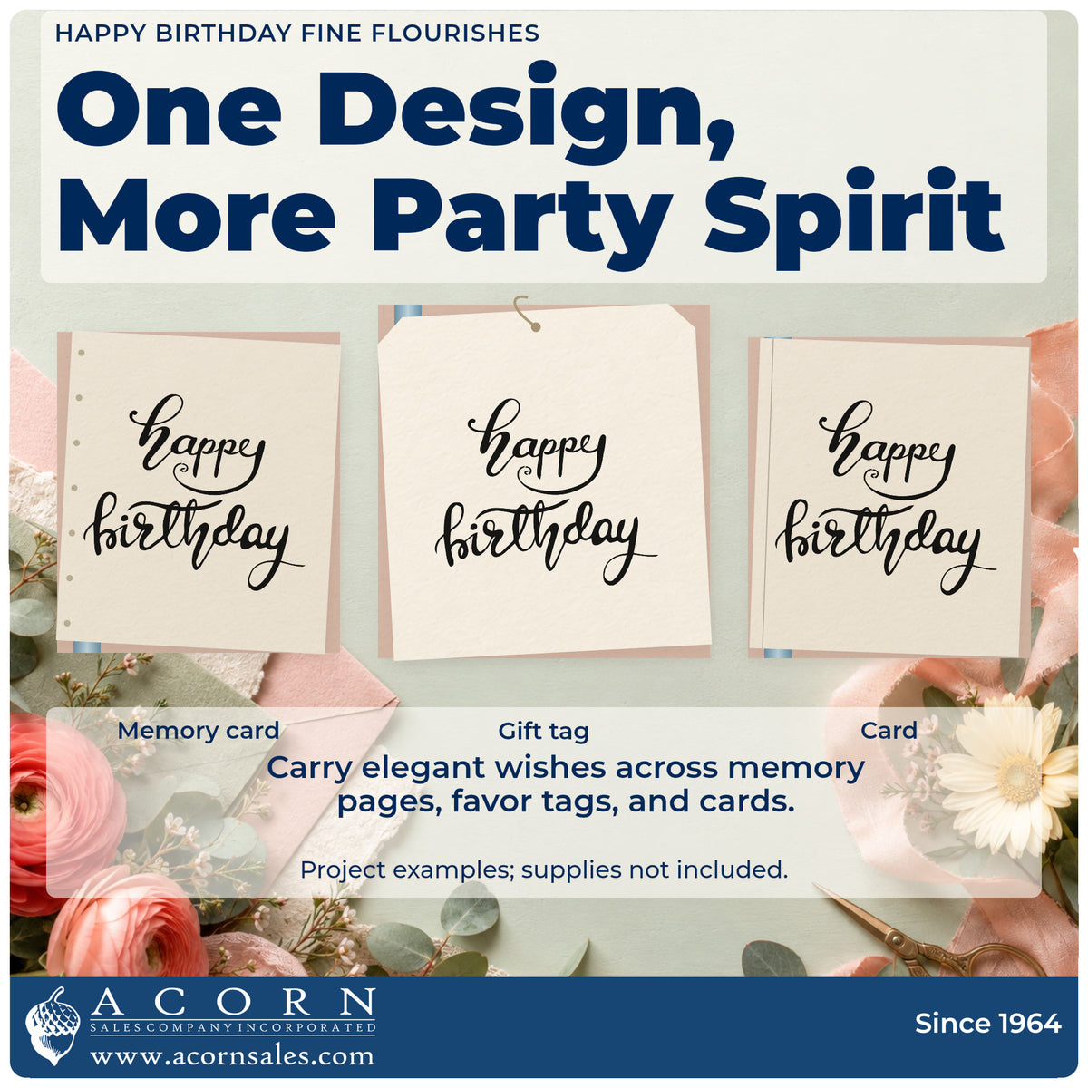 Three project examples made with the Happy Birthday Script Lettering Rubber Stamp – Duo Hand, including range plan sheet.