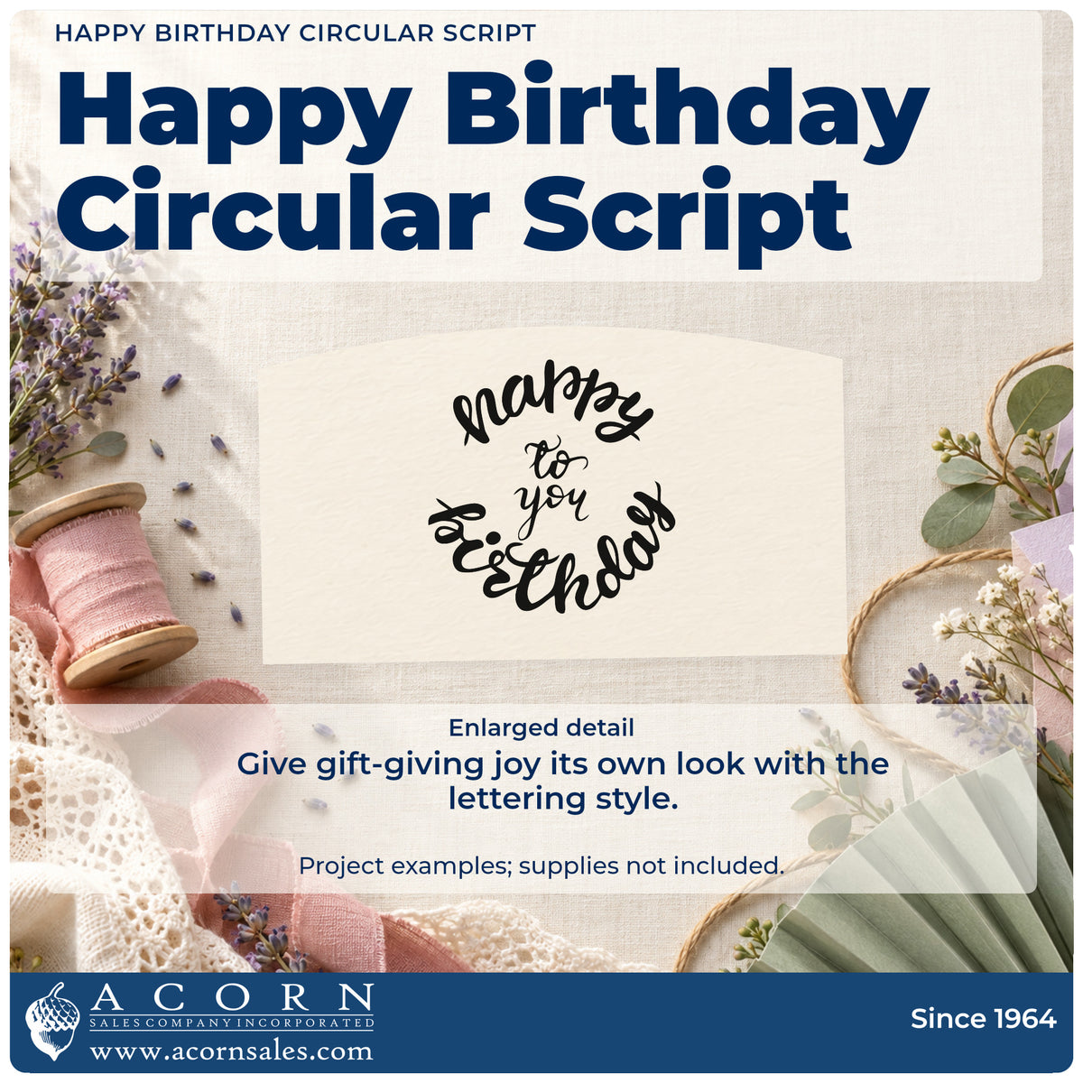 Enlarged detail of the Birthday To You Curved Lettering Wood Handle Stamp imprint. happy and birthday curve around the smaller central words to you.