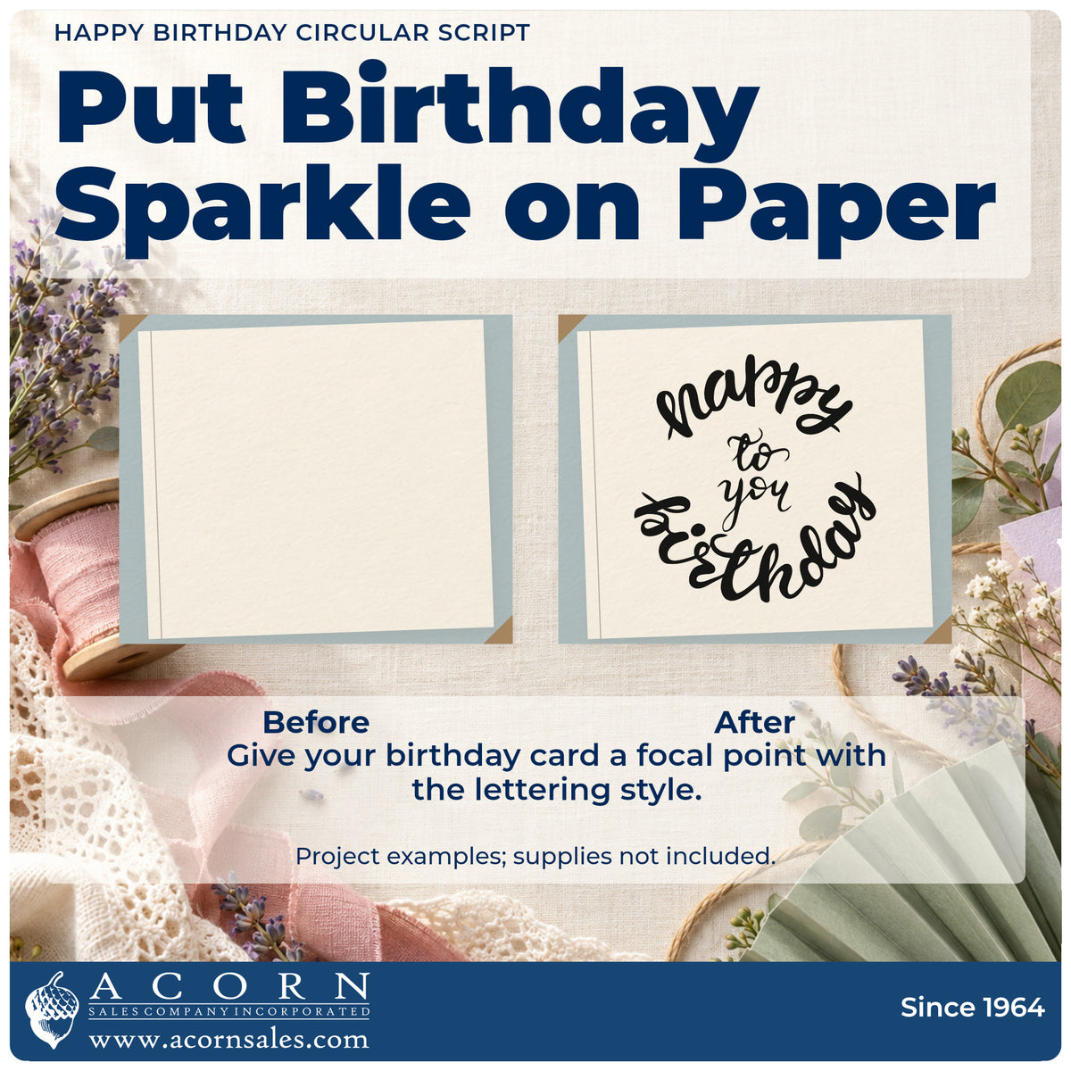 Before and after of a plain item finished with the Birthday To You Curved Lettering Self-Inking Stamp, a quick upgrade for framed snug corner.