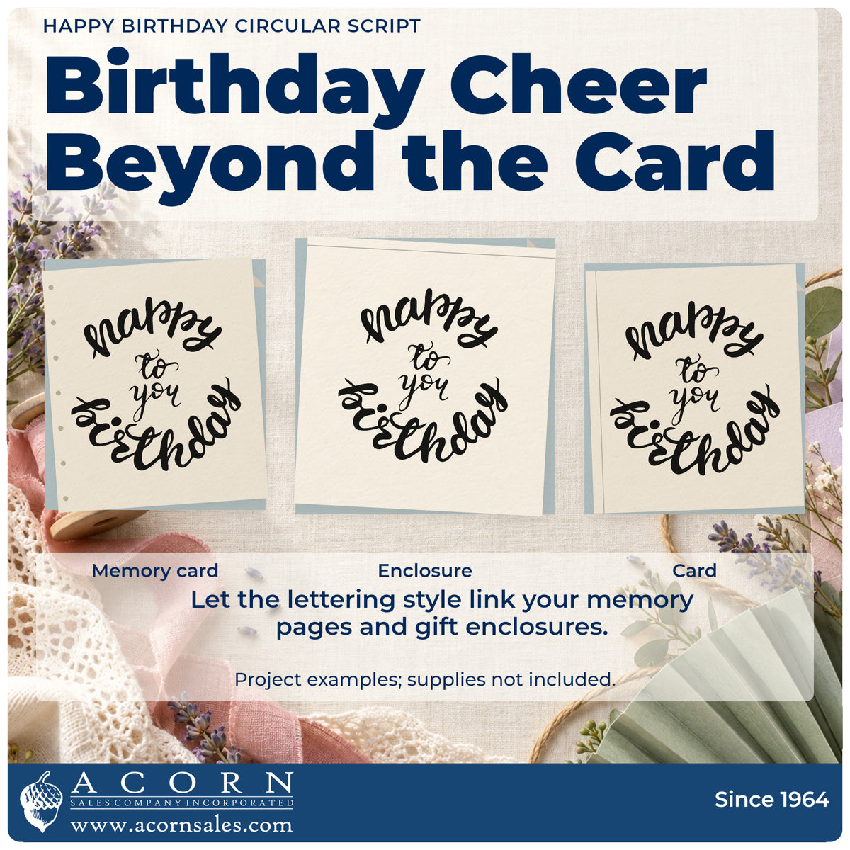Three project examples made with the Birthday To You Curved Lettering Stamp – PSI Pre-Inked, including booking night sheet.