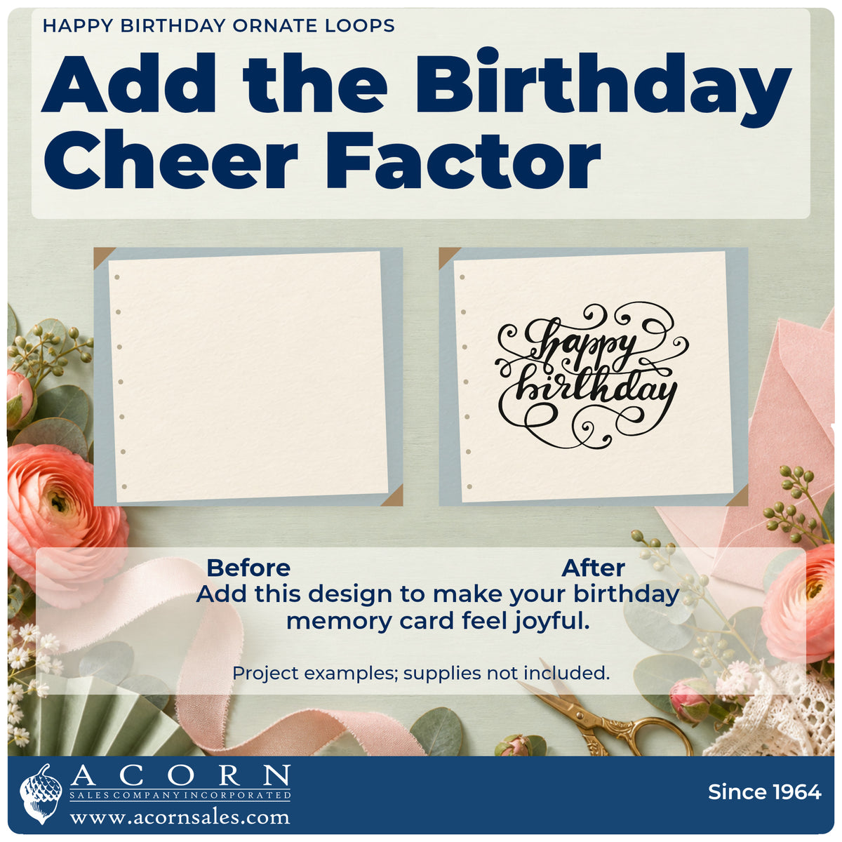 Before and after of a plain item finished with the Happy Birthday Ornate Loops Lettering Flourish Stamp – Premium Vintage Pro Wooden, a quick upgrade for framed hall gallery.
