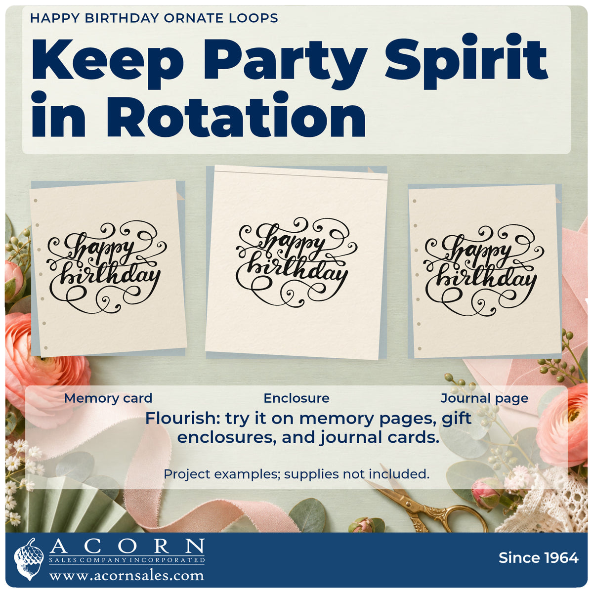 Three project examples made with the Happy Birthday Ornate Loops Lettering Flourish Stamp – Self-Inking, including life timeline sheet.