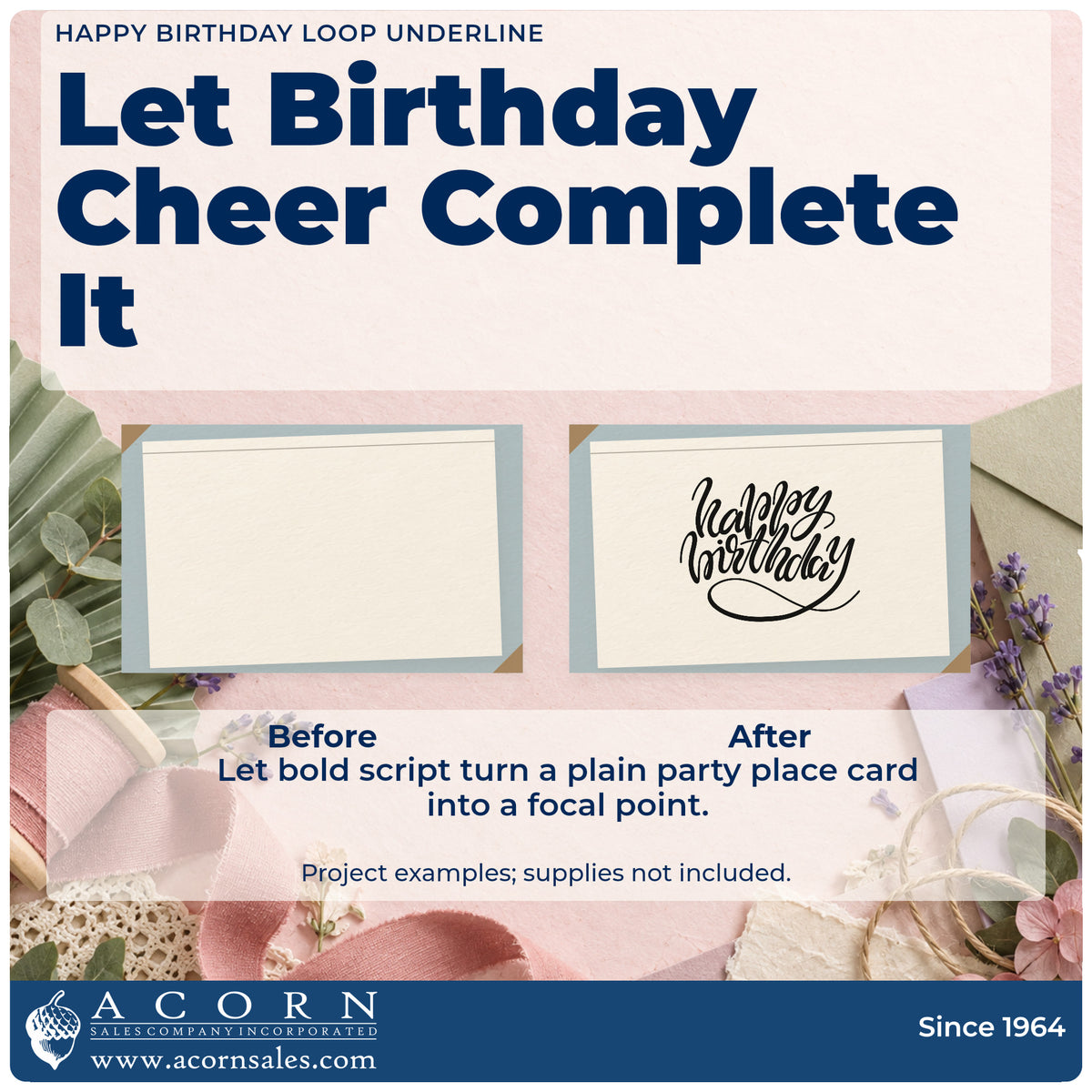 Before and after of a plain item finished with the Happy Birthday Loop Underline Script Lettering Self-Inking Stamp, a quick upgrade for framed club entry.