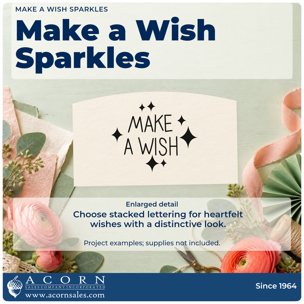 Enlarged detail of the Make A Wish Sparkles Self-Inking Stamp imprint. MAKE A WISH appears in thin hand-drawn capitals surrounded by diamond-shaped sparkles.