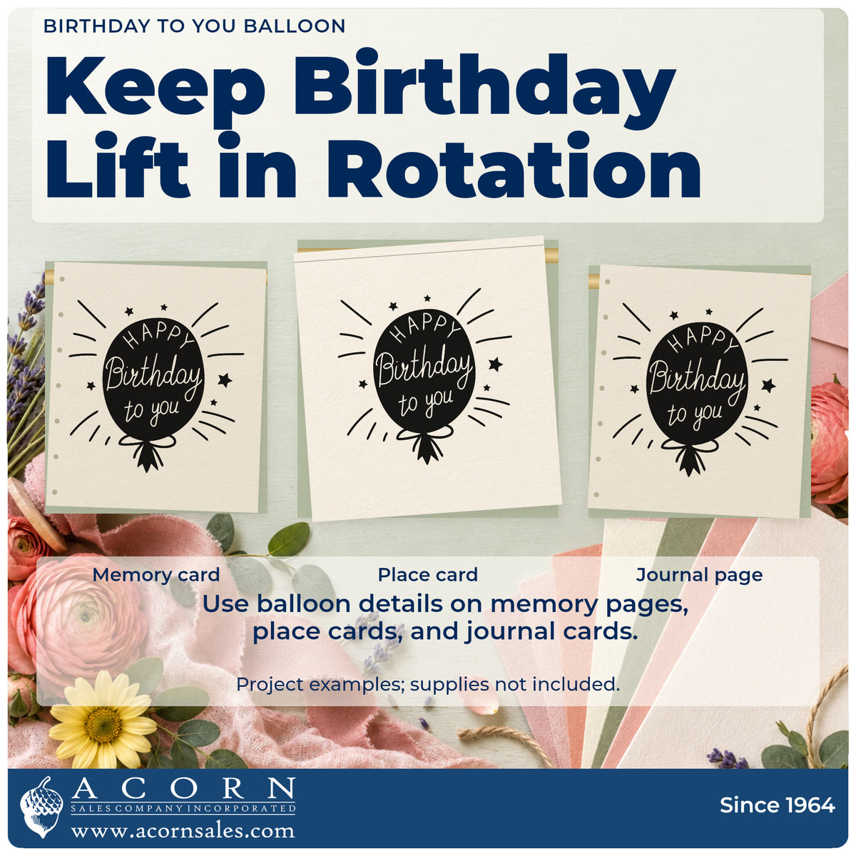 Three project examples made with the Birthday To You Balloon With Stars Slim Pre-Inked Stamp, including order book sheet.