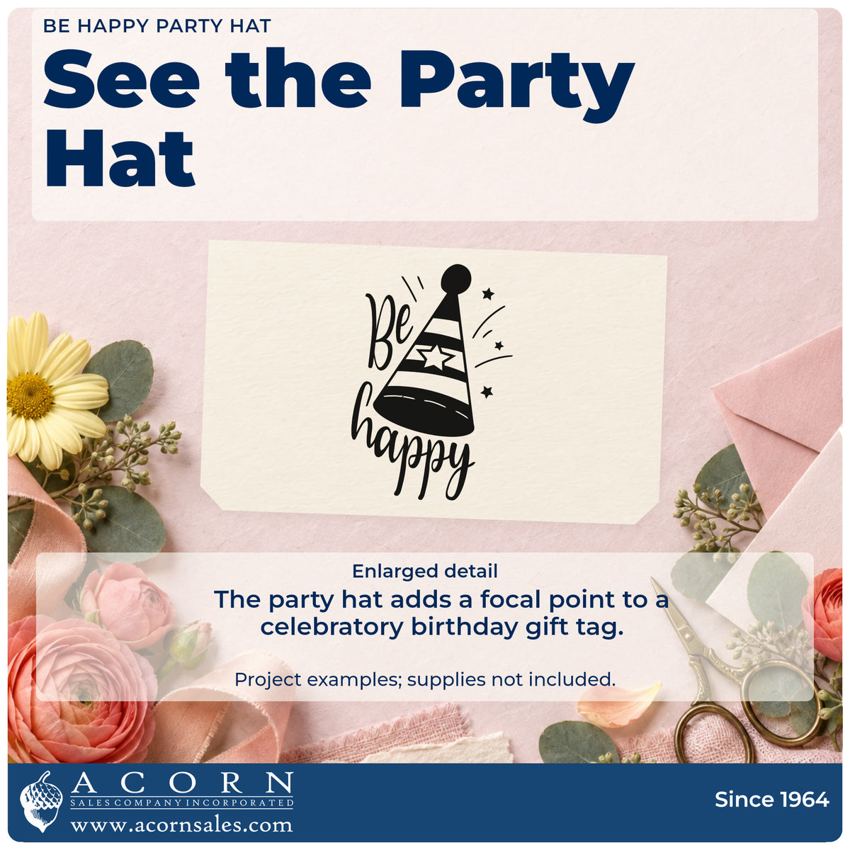 Enlarged detail of the Be Happy Party Hat Rubber Stamp – Duo Hand imprint. Be happy appears beside a striped party hat decorated with a star and radiating accents.