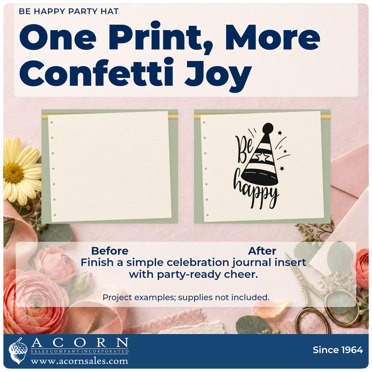 Before and after of a plain item finished with the Be Happy Party Hat Rubber Stamp – Duo Hand, a quick upgrade for framed home desk.