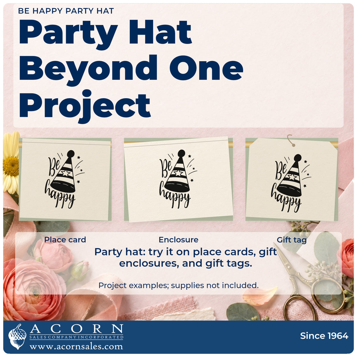 Three project examples made with the Be Happy Party Hat Rubber Stamp – Duo Hand, including call time sheet.