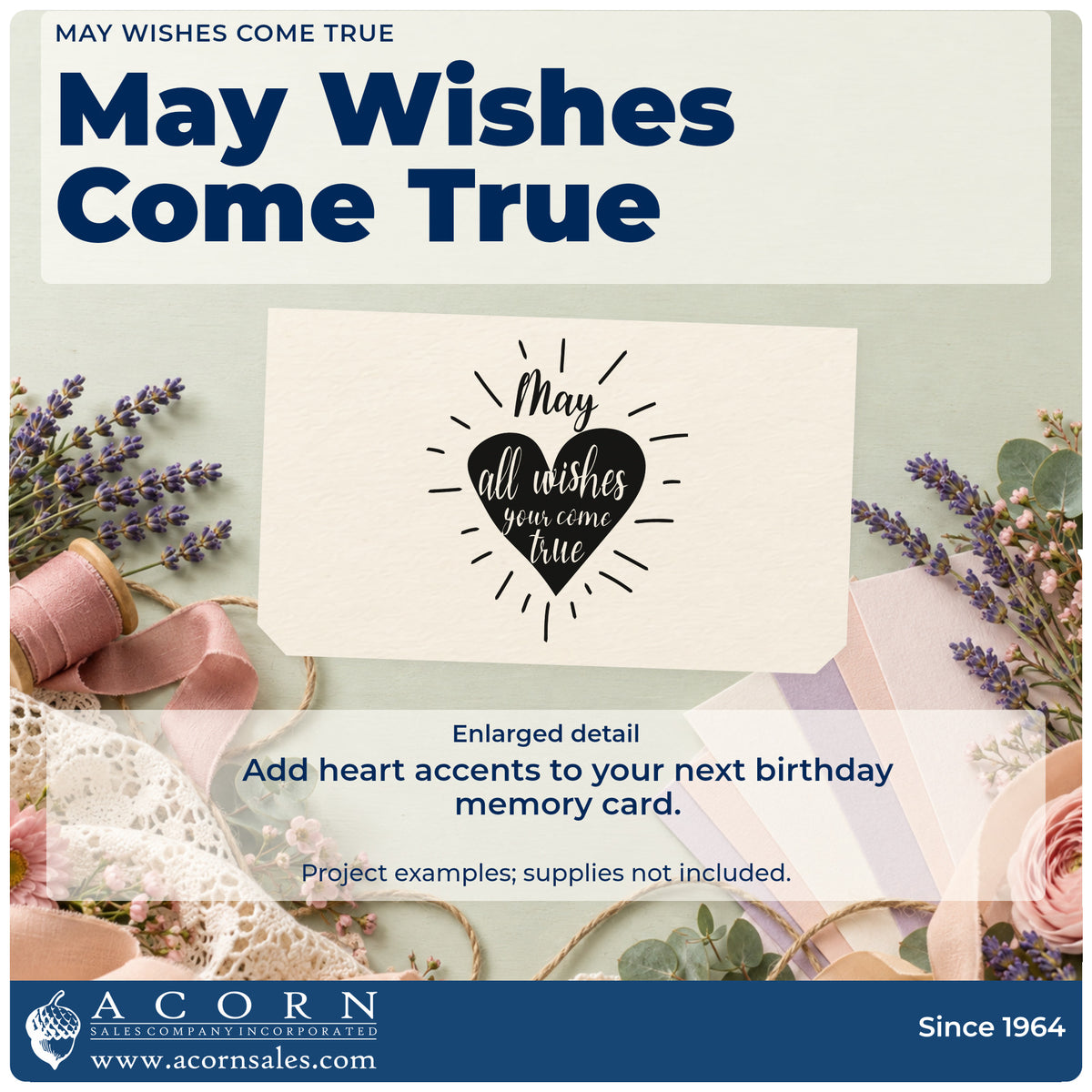 Enlarged detail of the Wish Lettering Radiant Heart Pre-Inked Stamp – Slim imprint. May appears above a dark heart containing all wishes you come true, surrounded by radiating lines.