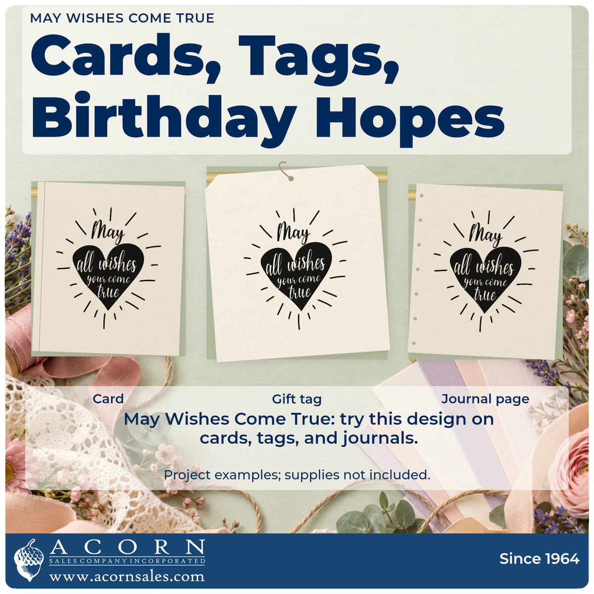 Three project examples made with the Wood Handle Wish Lettering Radiant Heart Rubber Stamp, including member date sheet.