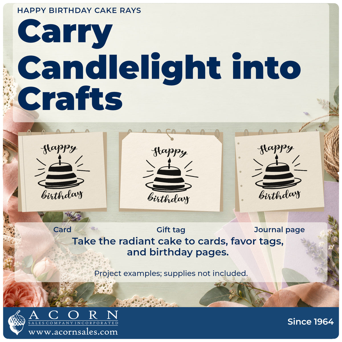 Three project examples made with the Happy Birthday Cake Rays Wood Handle Stamp, including party run sheet.