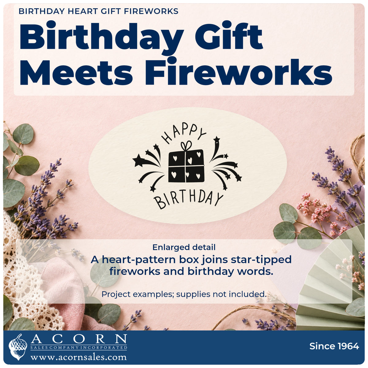Enlarged detail of the Birthday Heart Gift Fireworks With Stars Stamp – Self-Inking imprint. HAPPY BIRTHDAY curves around a heart-pattern gift box with star-tipped fireworks at the sides.