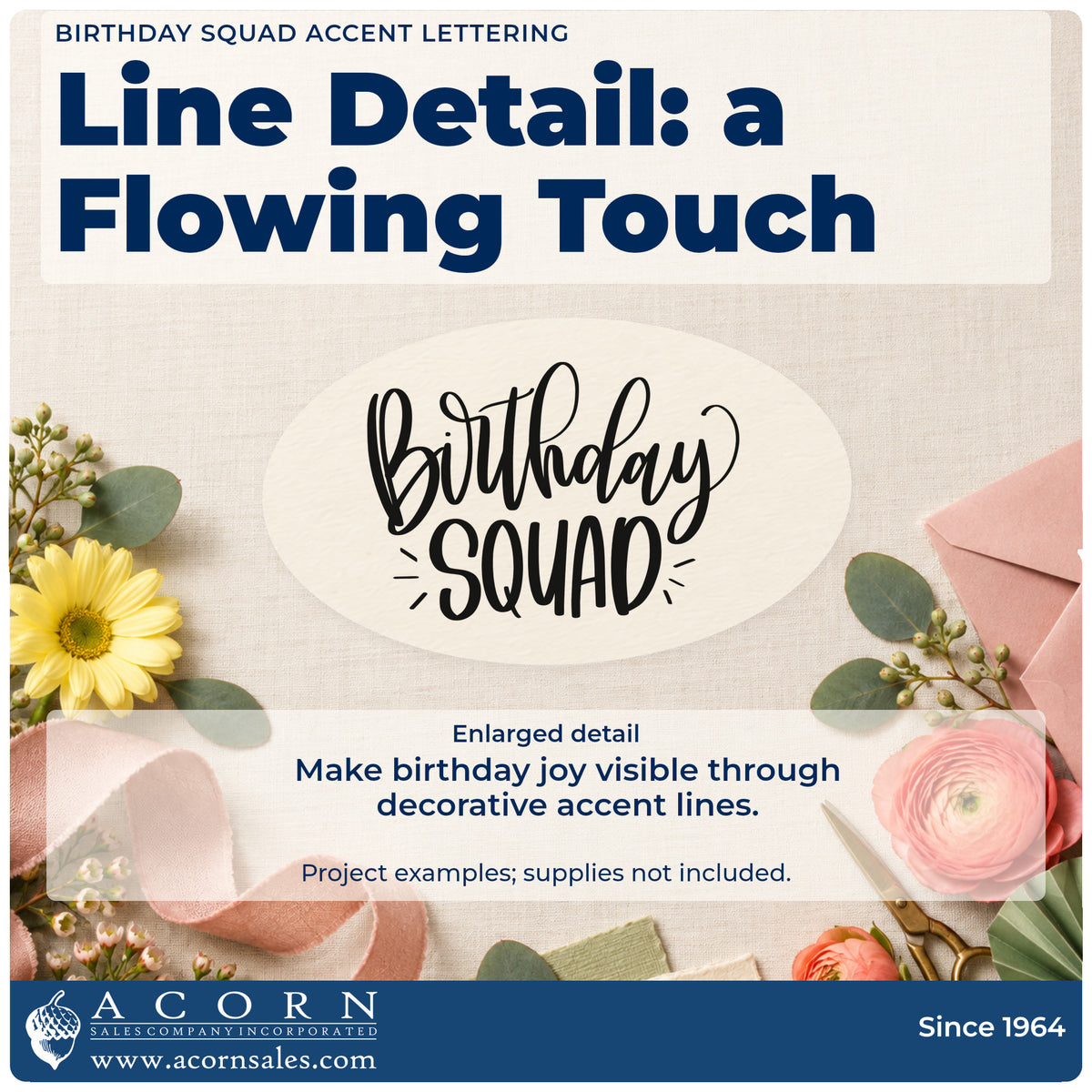 Enlarged detail of the Birthday Squad Accent Word Art Stamp – Premium Vintage Pro Wooden imprint. Birthday SQUAD appears in script and tall capitals with small side accent strokes.