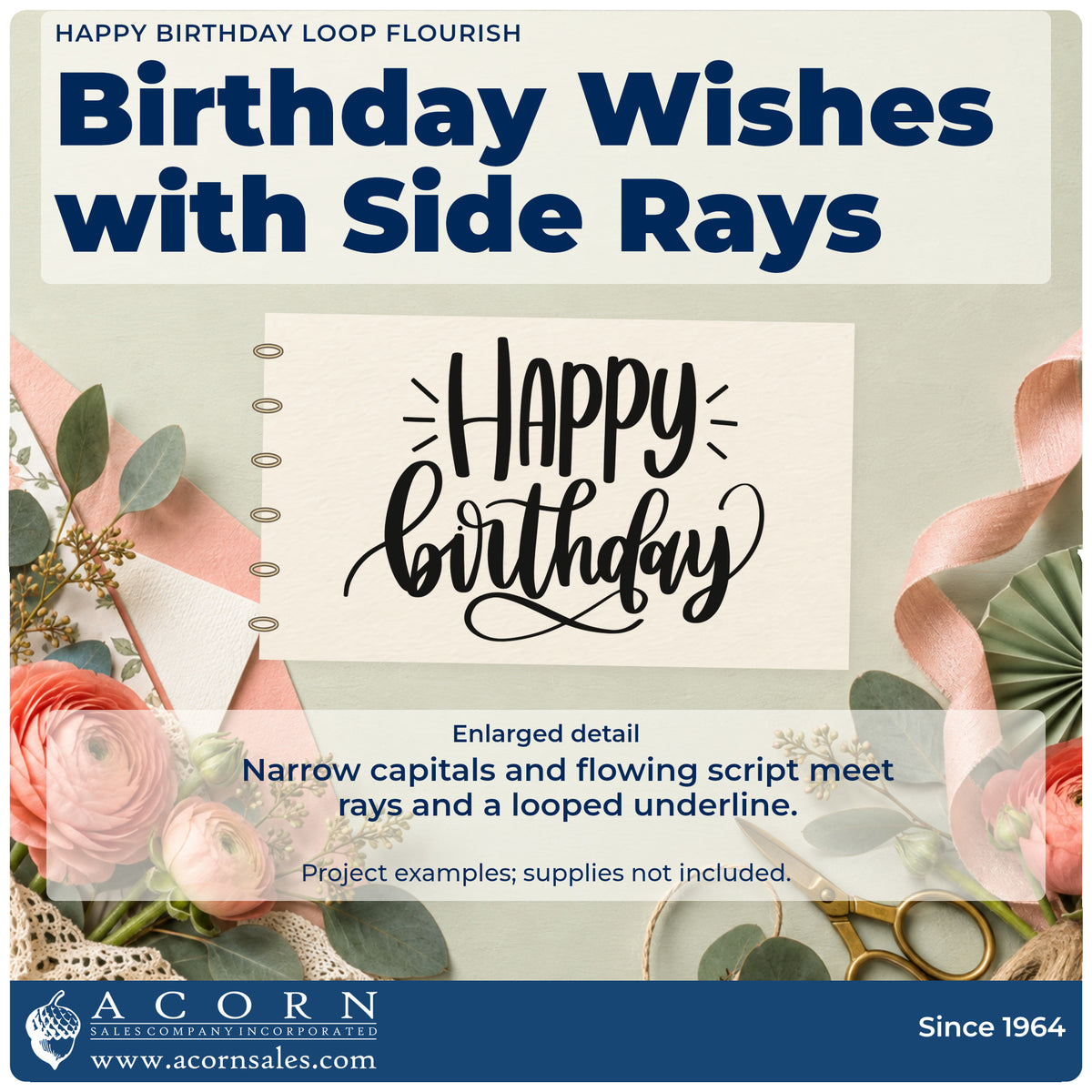 Enlarged detail of the Happy Birthday Loop Flourished Lettering Stamp – Self-Inking imprint. HAPPY birthday appears in narrow capitals and flowing script with side rays and a looped underline.