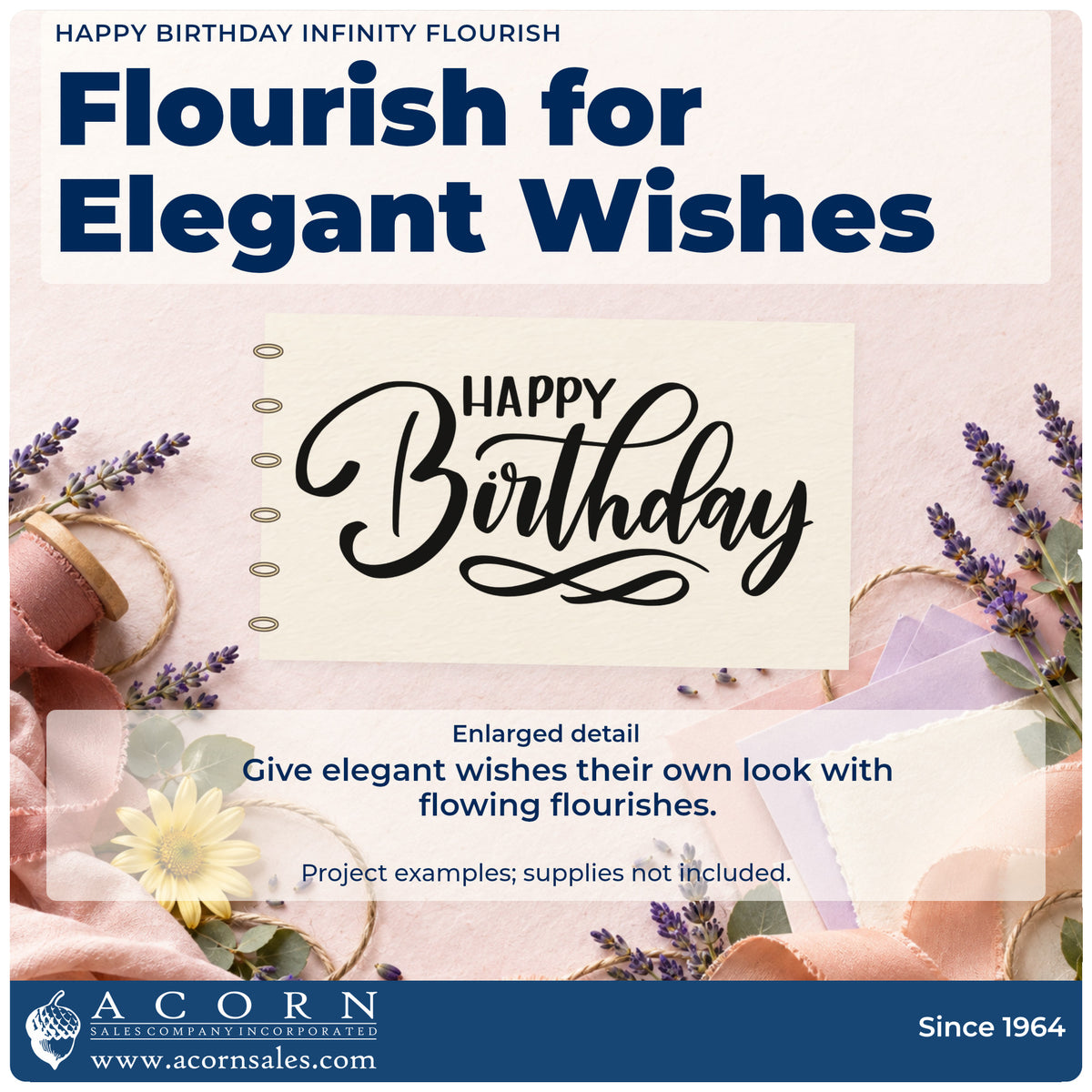 Enlarged detail of the Happy Birthday Infinity Flourished Lettering PSI Pre-Inked Stamp imprint. Small HAPPY sits above a large Birthday script with a looped flourish below.