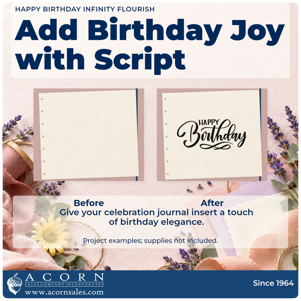 Before and after of a plain item finished with the Happy Birthday Infinity Flourished Lettering PSI Pre-Inked Stamp, a quick upgrade for framed party room.
