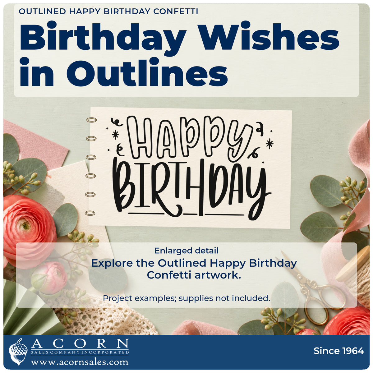 Enlarged detail of the Outlined Happy Birthday Confetti Pre-Inked Stamp – PSI imprint. Outlined HAPPY sits above tall hand-lettered BIRTHDAY with tiny stars and curled accents.