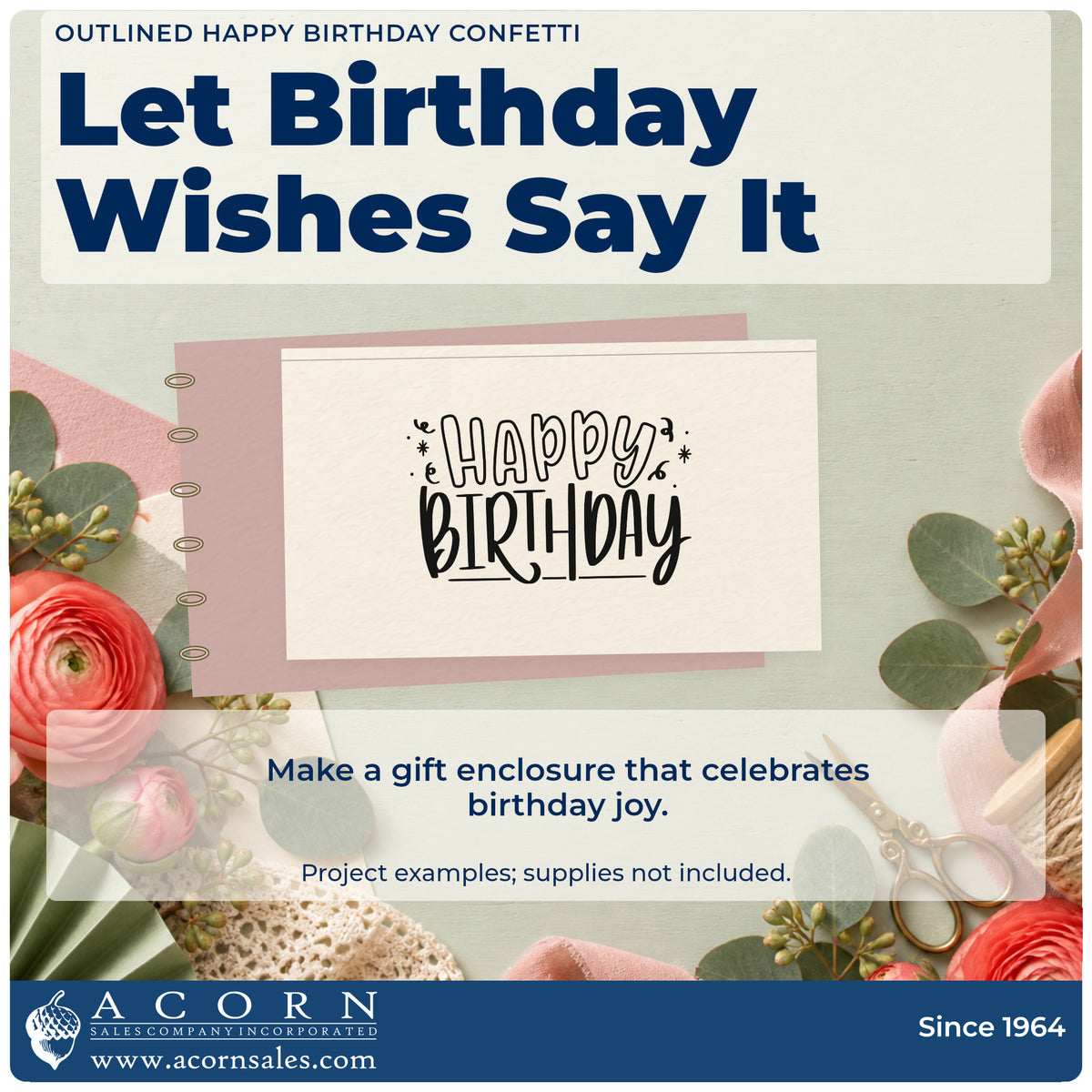 A finished handmade project stamped with the Outlined Happy Birthday Confetti Pre-Inked Stamp – PSI, ideal for sticker year album page.