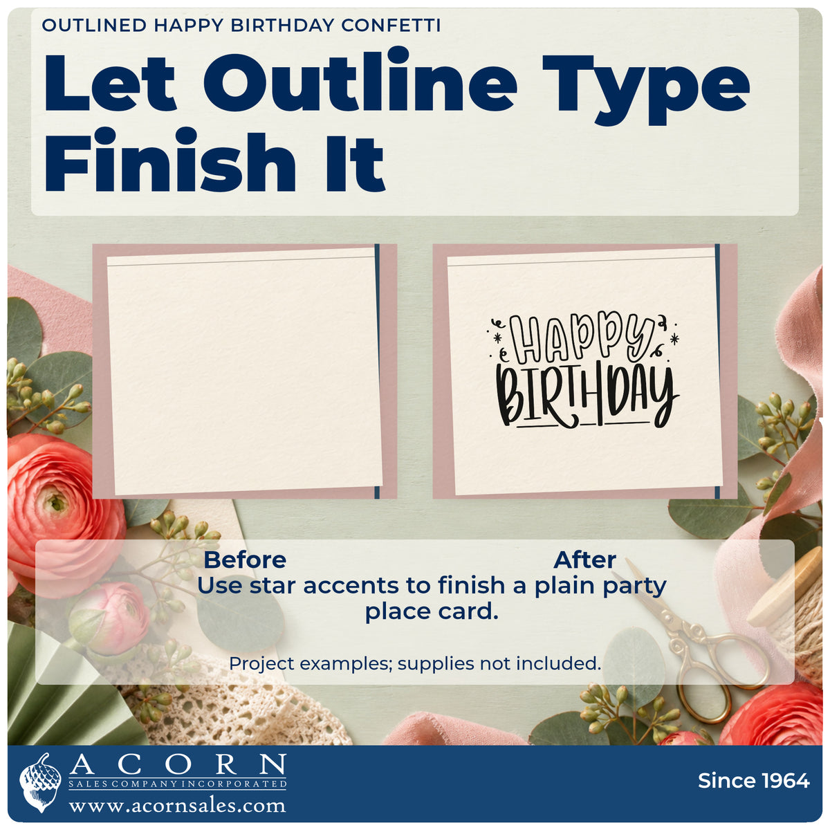 Before and after of a plain item finished with the Outlined Happy Birthday Confetti Pre-Inked Stamp – PSI, a quick upgrade for framed work desk.