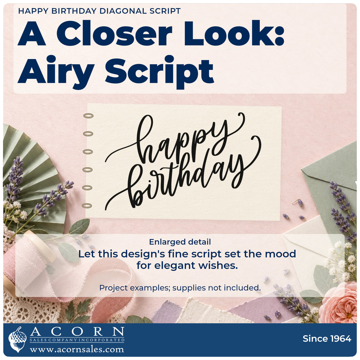 Enlarged detail of the Fine Diagonal Birthday Greeting Pre-Inked Stamp – Slim imprint. happy birthday appears in fine connected script tilted slightly upward.