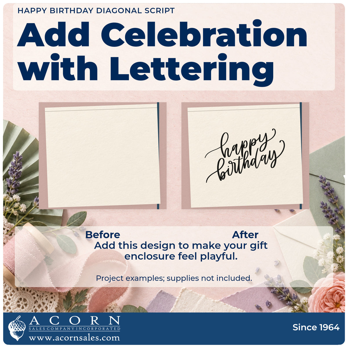 Before and after of a plain item finished with the Fine Diagonal Birthday Greeting Pre-Inked Stamp – Slim, a quick upgrade for framed break room.