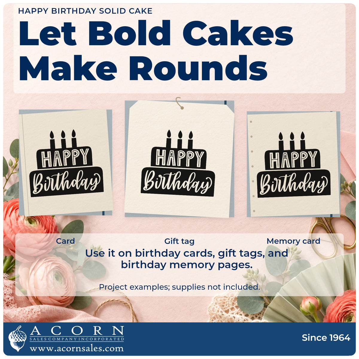 Three project examples made with the Happy Birthday Tiered Cake Stamp – PSI Pre-Inked, including event book sheet.