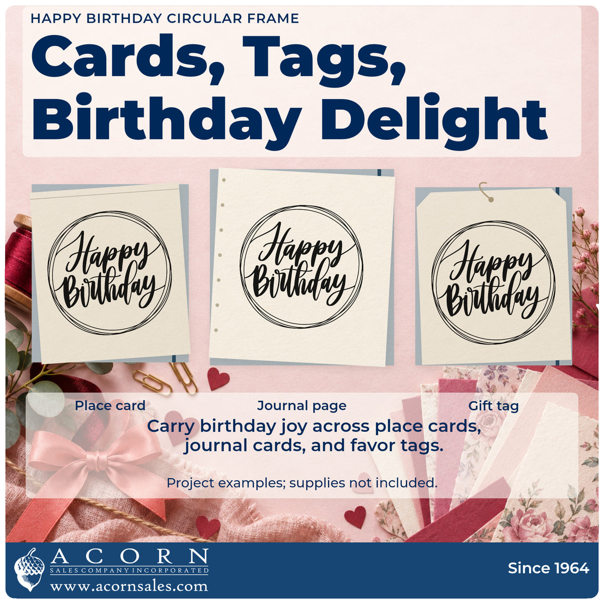 Three project examples made with the Happy Birthday Circular Framed Lettering Stamp – Premium Vintage Pro Wooden, including design plan sheet.