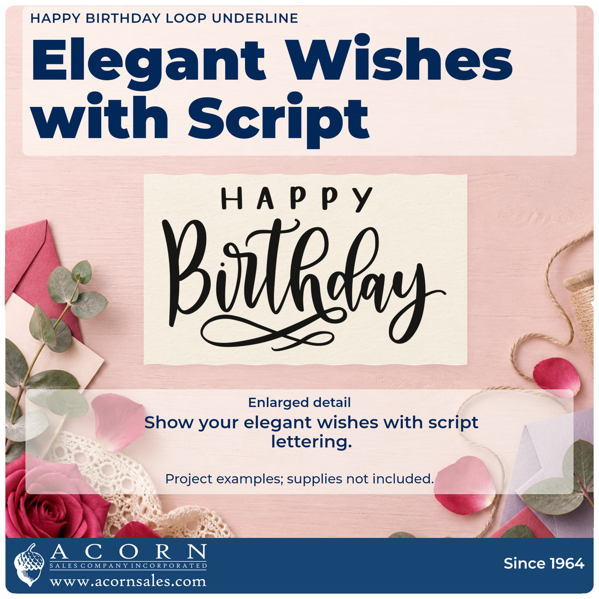 Enlarged detail of the Tall Birthday Script Loop Flourish Self-Inking Stamp imprint. Spaced HAPPY sits above a tall Birthday script with a looped underline.