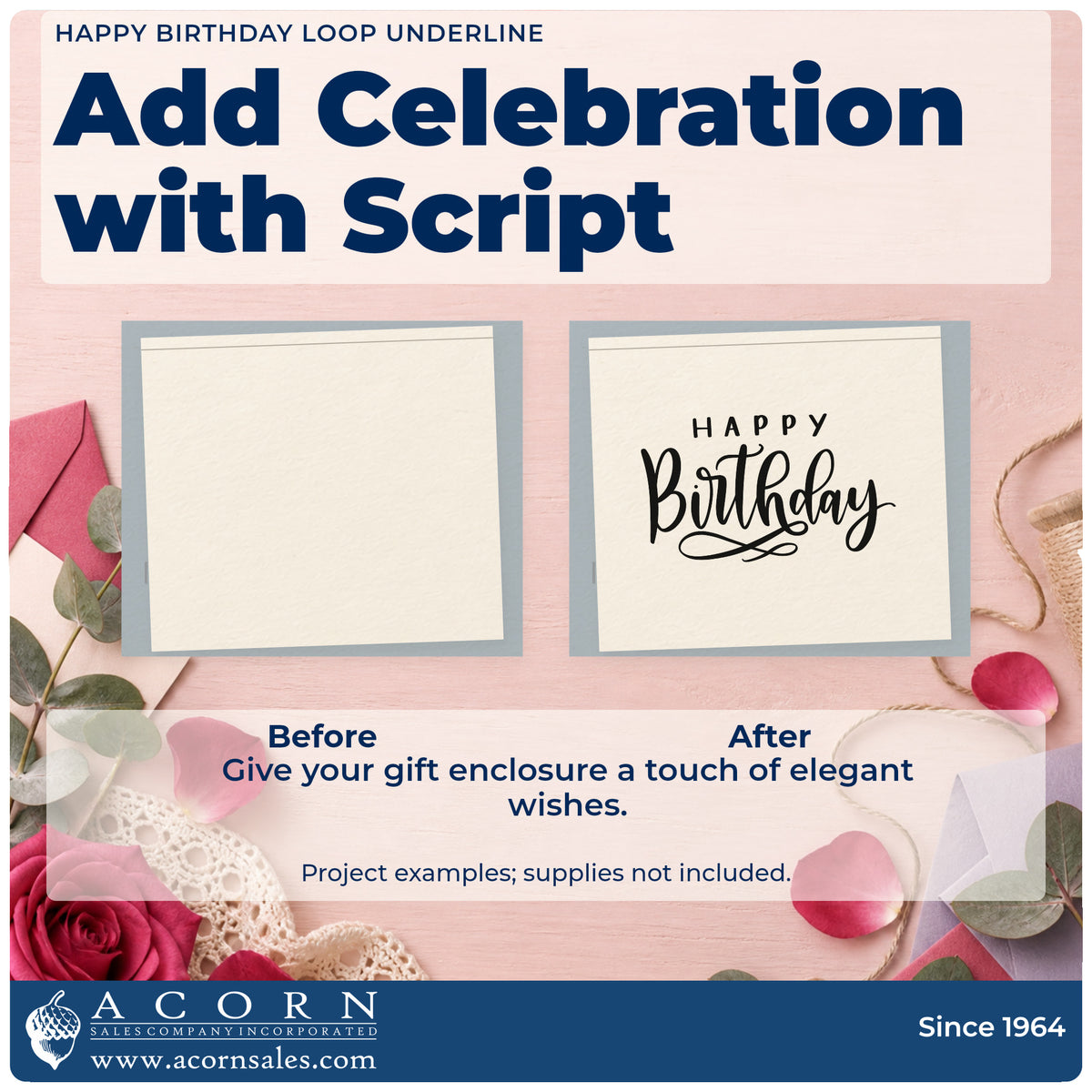 Before and after of a plain item finished with the Tall Birthday Script Loop Flourish Premium Wood-Mounted Stamp – Vintage Pro, a quick upgrade for framed desk shelf.